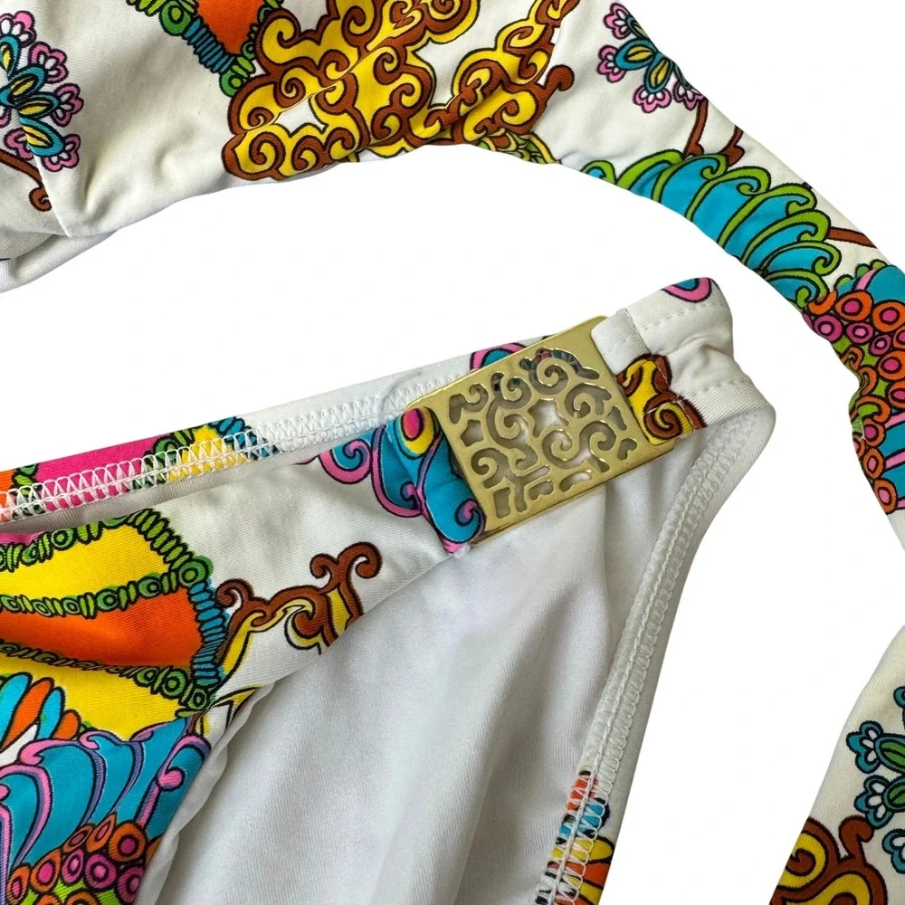 Trina Turk Floral Paisley Bikini Set Gold Filigree Hardware Halter Two Piece